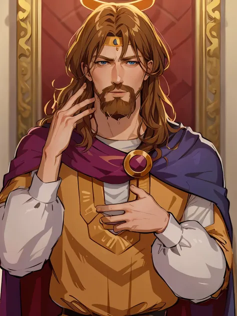 knyazkov, 独奏, blue eyes,  sle,  brown hair, 1boy,   male focus, cape, facial hair, crown headbutt, beard, whiskers,  masterpiece...