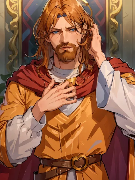 knyazkov, 独奏, blue eyes,  sle,  brown hair, 1boy,   male focus, cape, facial hair, crown headbutt, beard, whiskers,  masterpiece...