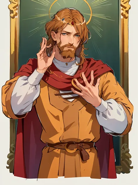 knyazkov, 独奏, blue eyes,  sle,  brown hair, 1boy,   male focus, cape, facial hair, crown headbutt, beard, whiskers,  masterpiece...