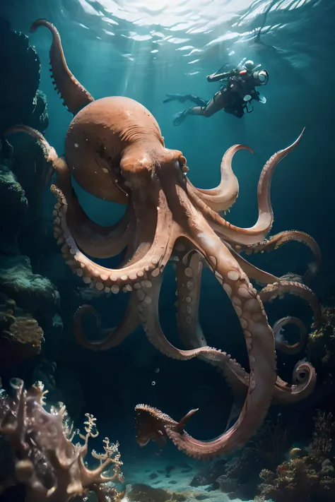 giant octopus diving attacks a distracted diver in the atlantic ocean during midday starting the dive an excellent underwater vi...