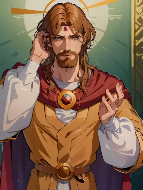 knyazkov, 独奏, blue eyes,  sle,  brown hair, 1boy,   male focus, cape, facial hair, crown headbutt, beard, whiskers,  masterpiece...