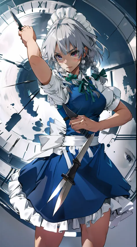 masterpiece, best quality, highres, 1girl, solo, sakuya1, maid, apon, greyt hair, medium breasts, knife