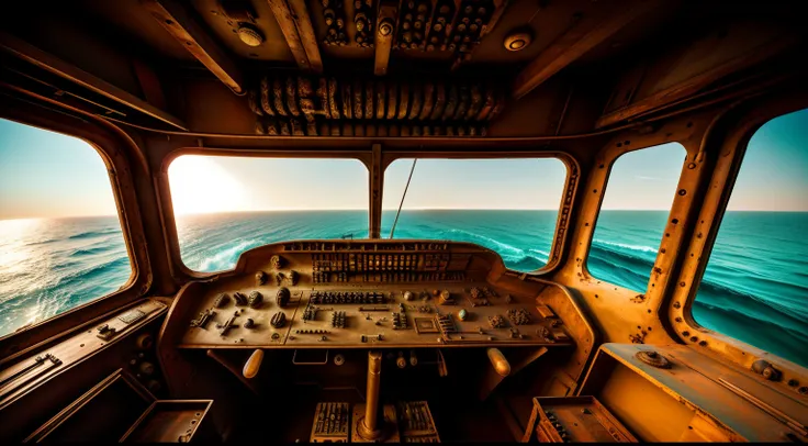 superb art style，interior of the cockpit of an ancient submarine，/"computer i"/time travel machines。fragmentation，rusted，colours...