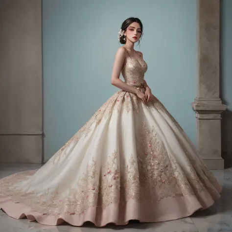 full body photo, featuring a mexican girl dressed in a magnificent haute couture quinceañera ball gown with a floral waist belt....