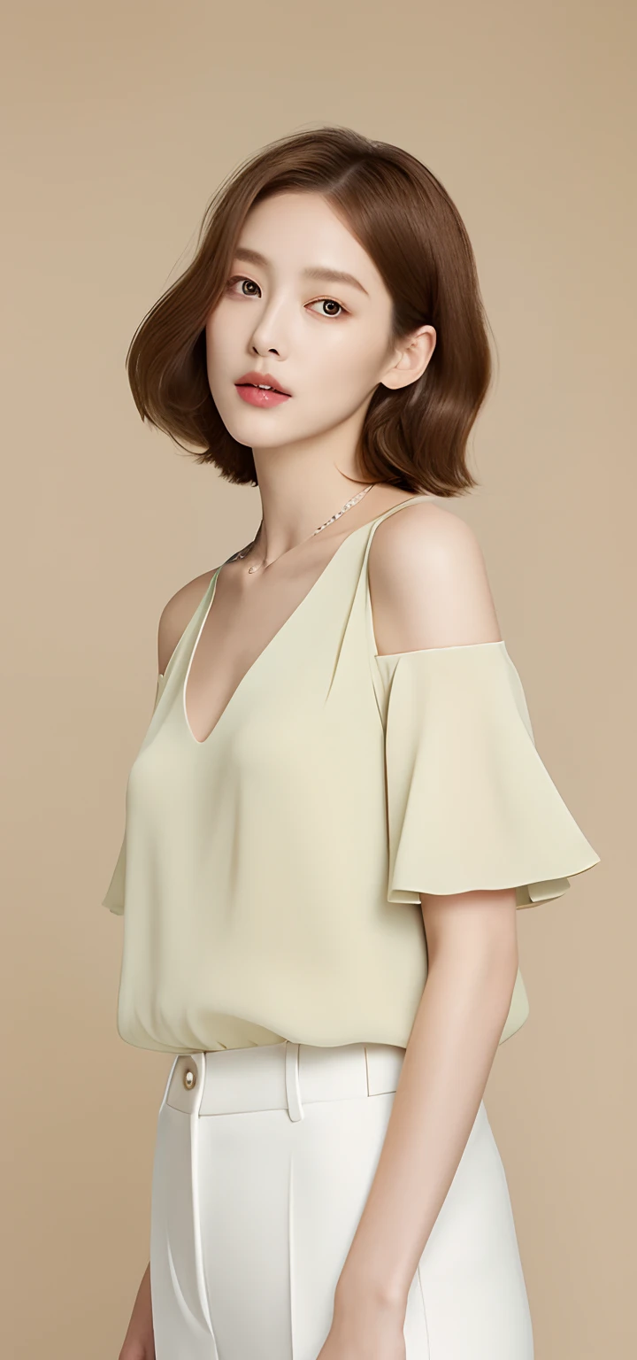 ((masutepiece, of the highest quality, high definition)),(woman in white pants and dark green tucked gathered blouse pose for ph...