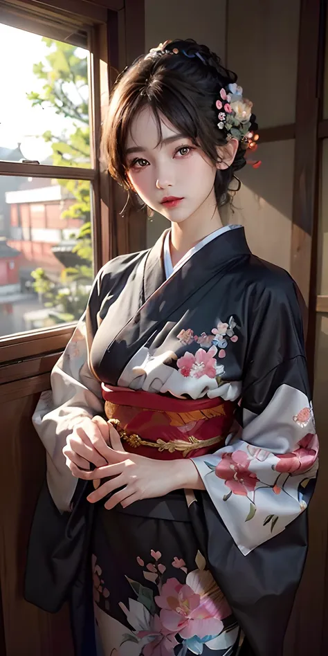 (black kimono:1.2)、(komono:1.2)、(with floral pattern)、(long-sleeve)、1 girl、full bodyesbian、(short-haired)、(reallistic:1.7)、((top...