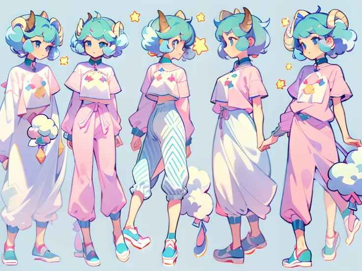 ((masterpiece)), (((best quality))), (character design sheet, same character full body, front, side, back), Illustration, 1 girl, short hair, blue hair, whit sheep horns, pink clothes, hair fax, blue eyes, environment change, pose kota, female, shirt shang...