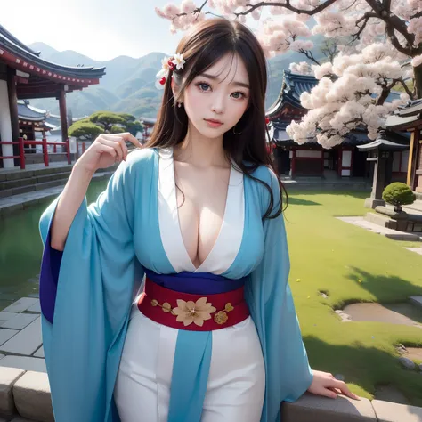 High quality、25Pretty woman of year old、Slender beauty、Wear a traditional kimono with gorgeous Japan、Hairpin、Geta、Expensive obi、Big beautiful blue eyes、Detailed cute face、(((独奏)))、Dignified behavior、Gion、Kiyomizu-dera Temple、under a cherry blossom tree