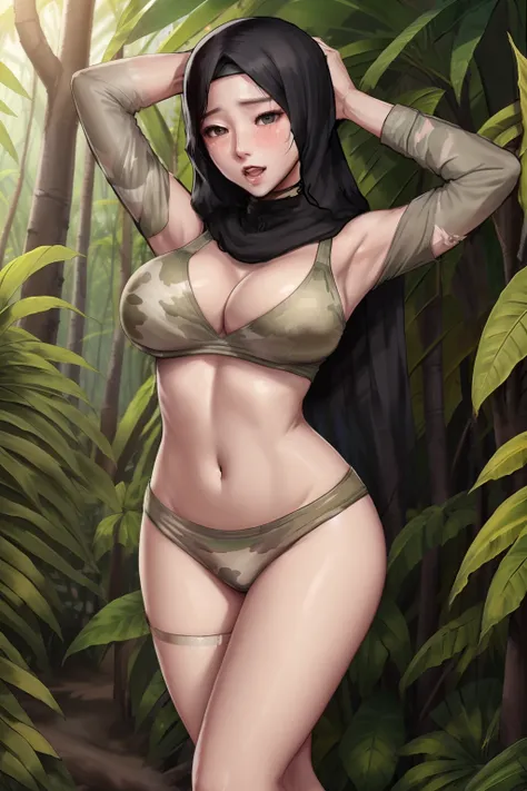 girl,hijab,hijab outfit,super big breast,(P cup breast),screamed,beautiful cry,in the jungle,playing a soldier in jungle,soldier in jungle, soldier outfit,body hurt, bleeding, very sick