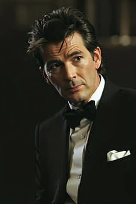 Allafed man in tuxedo and bow tie sitting on chair, Pierce Brosnan: James Bond, Pierce Brosnan, still photo of james bond, James Bond, Roger Moore: James Bond, Classic Bond Iconic Shots, Do Batemans stare, Handsome man, gentelman, smug smirk, serious busin...