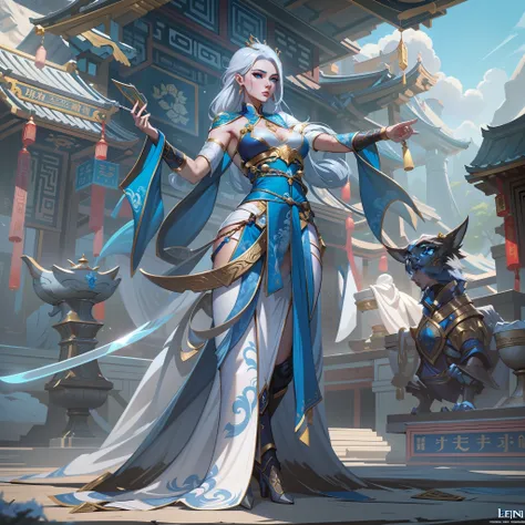 a close up of a strong amazon woman in her 30s, with blue eyes and white hair, wearing a blue and white belly dancer attire, a heroine with blue eyes, female swordswoman with ice power, middle-eastern princess, standing in a chinese temple, new costume con...