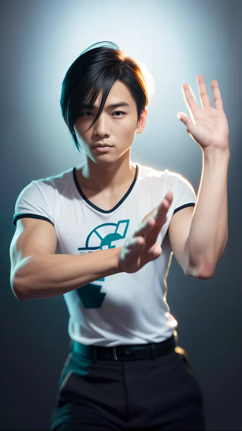 Full color digital illustration art，A handsome 20-year-old Chinese man raised his rough hand，(((The left hair covers the left eye)))，Toned body，hands out, heavy gesture style closeup, Colors are naturally rich，With the palm of your hand, t pose,, Intense 3...