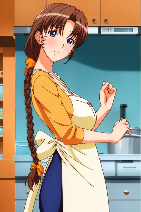 indoors, in a kitchen,
standing on the floor,
apron, collarbone, (yellow_shirt),
bangs, brown hair, blue eyes,single braid, oran...