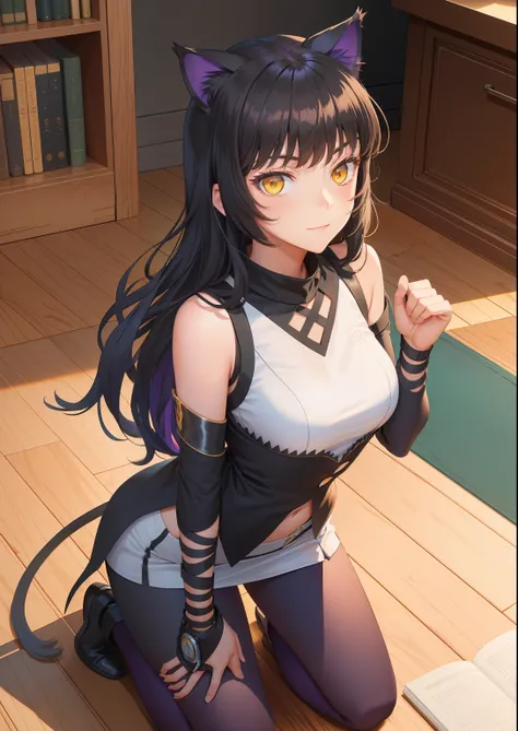 (Masterpiece, Best quality: 1.2), Upper body, Solo, 1girll, blake belladonna, Slight smile, Closed mouth, Gaze towards the viewer, Cat ears, Medium breasts, Sleeveless shirt, detached sleeve, Wide hips, Kneeling, library, Blush, Look away,Keqing