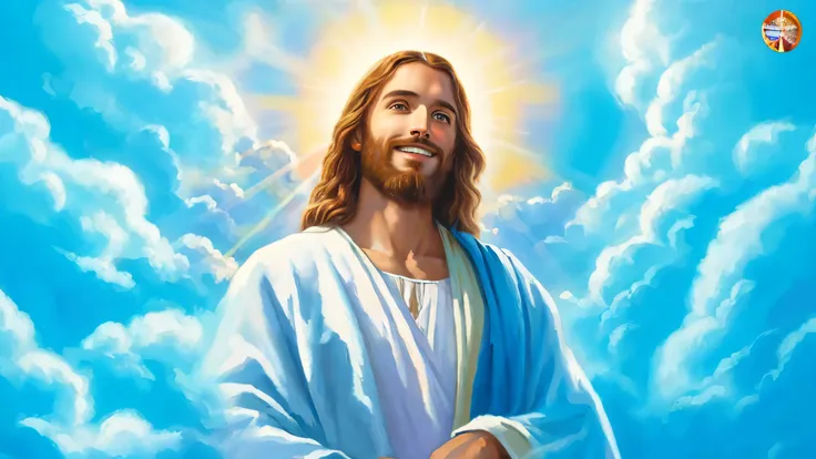 a painting of jesus with a halo in the sky, olhos sem deformidade, jesus cristo, smiling in the sky, retrato de jesus cristo, ro...