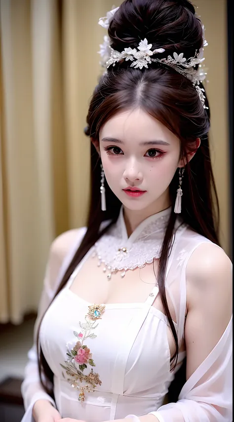 1 realistically beautiful girl, waist length hair, black eyes, ancient ao dai, style hanfu, wearing a thin silk shirt of ancient...