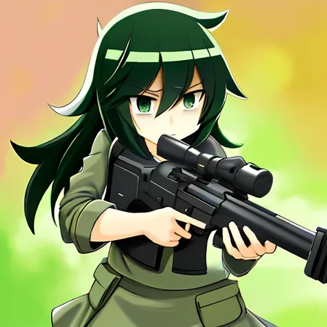 obra maestra, detallado, tomoko-kuroki, casco de camuflaje, chica, sosteniendo un rifle, ojos verdes, cabello negro, explosiones...