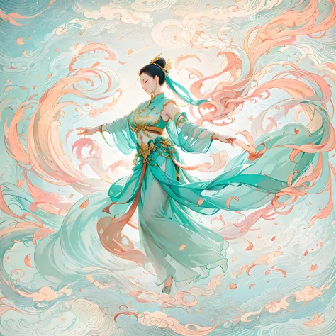 dunhuang style, dancing in the sky, ancient chinese beauties, silk hanfu, tulle ribbon, graceful dance movements, ink painting s...