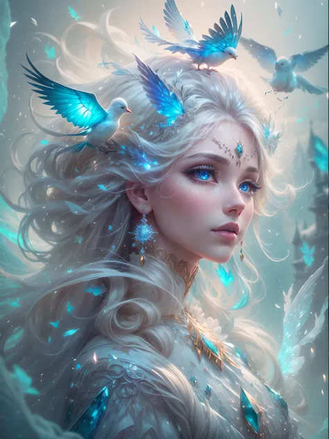 generate a pretty and realistic fantasy artwork with bold jewel-toned hues, pretty glitter and shimmer, and lots of snowflakes. ...