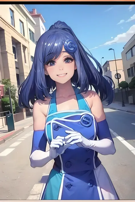 iechan,long hair,blue hair,hair ornament,long gloves ,bare shoulders, smiling, running