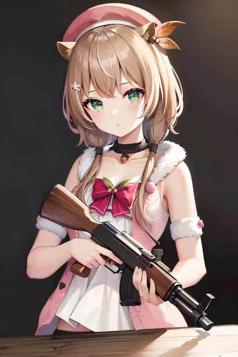 4k,masterpiece, best quality, high resolution,1girl, solo, , holding gun, ak-47, akm, assault rifle, kalashnikov rifle, trigger_...