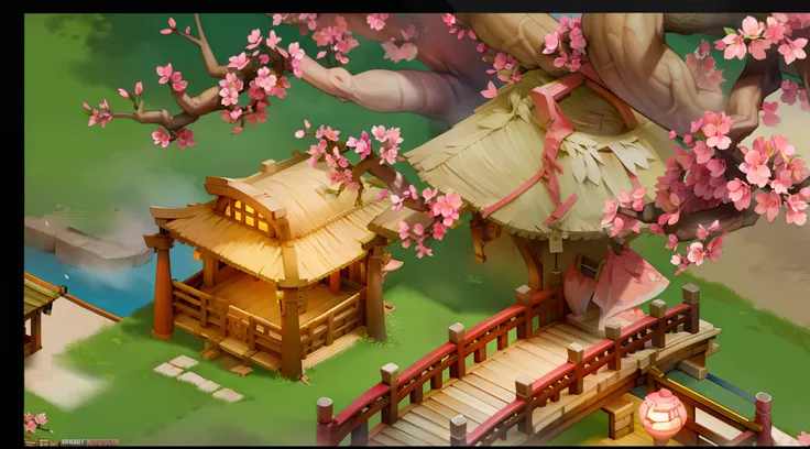 Cinematic lighting,Peach blossom tree, wood bridges,tree house,lawns,Peach garden,The trees are covered with peach blossoms