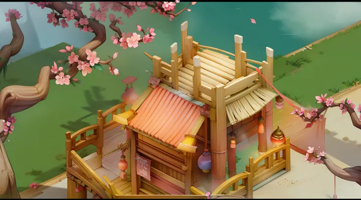 Cinematic lighting,Peach blossom tree, wood bridges,tree house,lawns,Peach garden,The trees are covered with peach blossoms