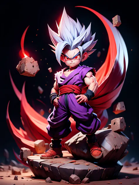 masterpiece, best quality, ultra-detailed, adult gohan 1boy, solo, full body, evil smile, grey hair, spiked hair, (((red eyes)))...