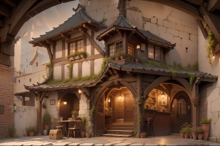 buildings with wooden beams,, liang, wooden support, interior view,、ghibli、hiquality、medieval times、western style、italian style、...