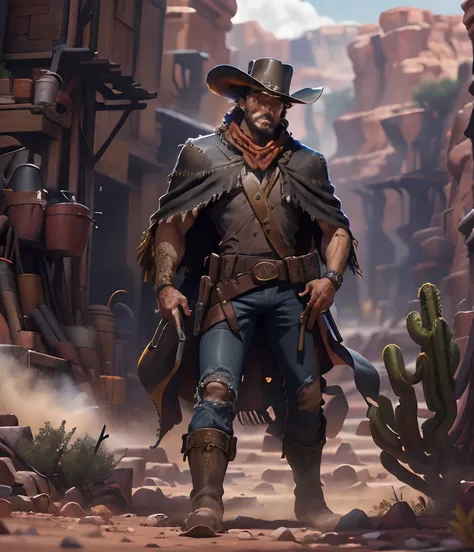 white man standing in a desert gorge, with a pair of dark jeans, a black revolver on the leg and a black poncho with gold detail...