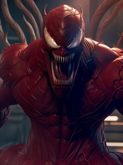 carnage (marvel), standard body, rough black skin, sharp teeth, evil smile, beautiful, cool, intricate details, sci-fi, 8k.