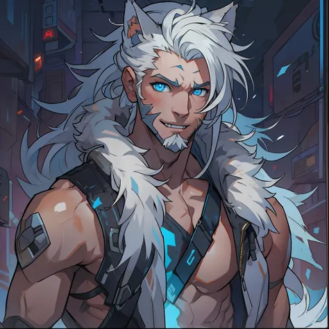 male with light beard, flowing white hair, has wolf ears, has wolf tail, shirtless, happy, playful, in cyberpunk outfit, has blu...