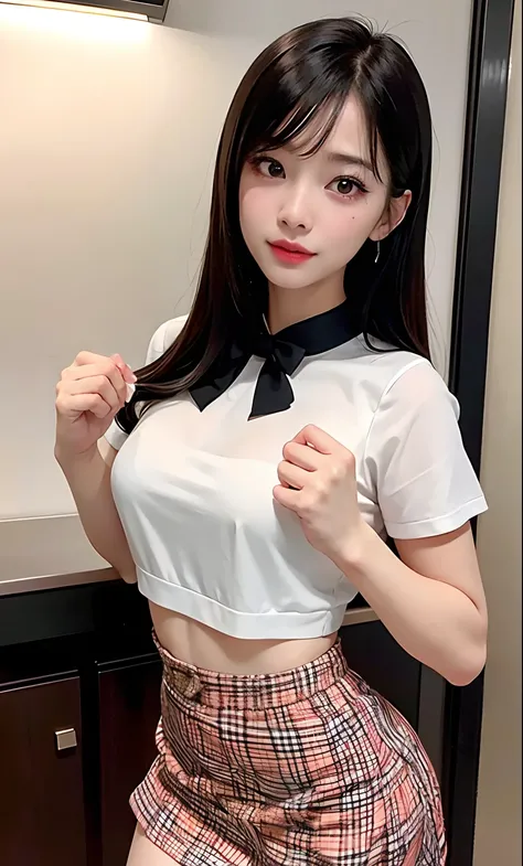 (8K, RAW photos, Photorealistic: 1.25), (Gloss on lips, eyeslashes, shining face, Shiny skin, Top quality, 超高分辨率, Depth of field, color difference, Caustics, Broadlighting, naturalshadow, Kpop idol) gentle, goddessy happiness watching viewer, maid, Miniski...