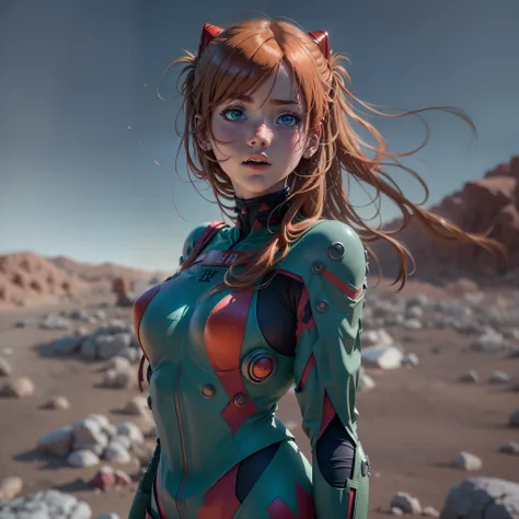 1 girl, asuka langley shikinami, caminando por un desierto de tierra roja, piedras rojas, ((ojos azules)), ((pecas en el rostro)...