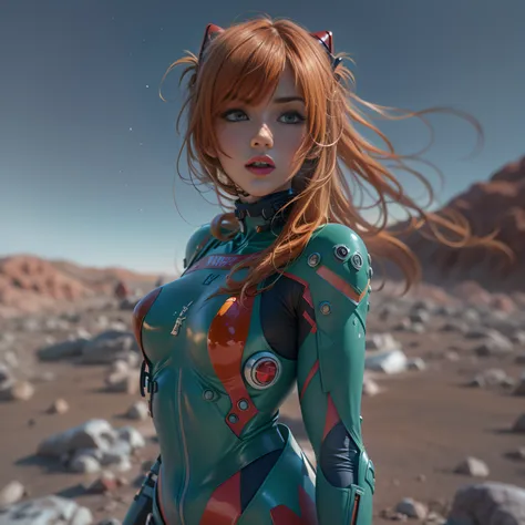 1 girl, asuka langley shikinami, caminando por un desierto de tierra roja, piedras rojas, ((ojos azules)), ((pecas en el rostro)...