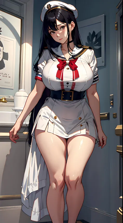 1female，extremely large bosom，girl soldier，white sailor suit，the kinky is exposed，raised sexy，，flushed complexion，standing on yo...