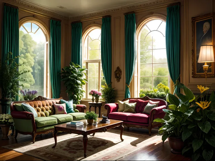 architectural digest photo of a maximalist green {vaporwave/steampunk/solarpunk} living room with lots of flowers and plants, go...