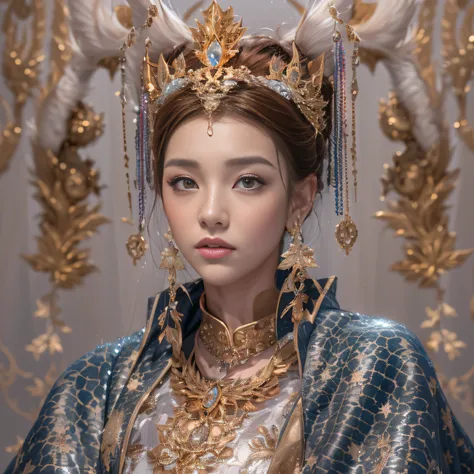 16k(tmasterpiece,k hd,hyper HD,16k)short detailed hair,Gold jewelry area in the back room,Redhead Queen ,Silver Dragon Protector (realisticlying:1.4),Python pattern robe,Purple-pink tiara,Snowflakes fluttering,The background is pure,Hold your head high,Be ...
