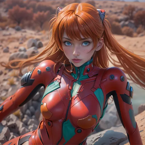 1 girl, asuka langley shikinami, caminando por un desierto de tierra roja, piedras rojas, ((ojos azules)), ((pecas en el rostro)...