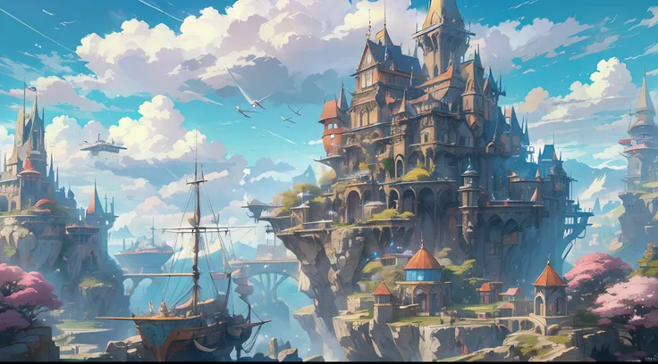 depict a scene of harbour city in fantasy world with clear blue sky of springtime where fleet of ships stay in dock while a few ...