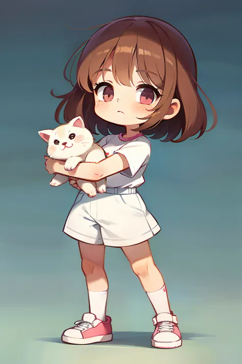 a three-year-old girl，stand holding kittens，cartoon image，q version，illustration style，white backgrounid，brown hair，white top，pi...