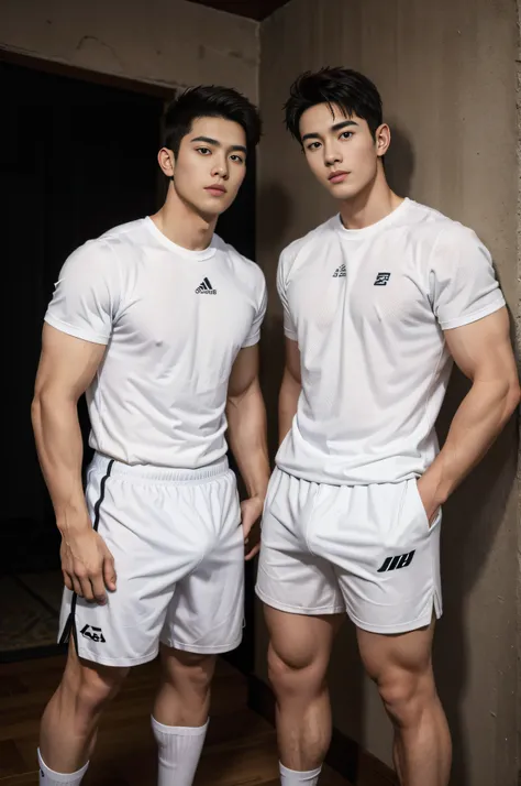 2 young people，handsome，musculous，hairy bodies，athletic sneakers，white  socks，white sports shorts（detailed eyes：1.3），black eyes，...