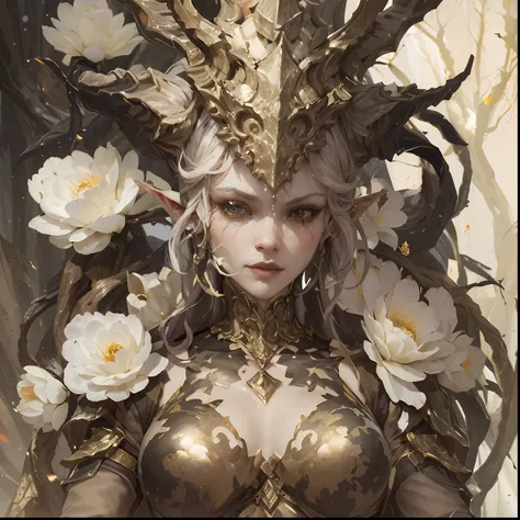 there was a woman in a golden dress，wearing flowers on his head, phlegm phlegm art, art germ on artstation pixiv, phlegm sputum,...