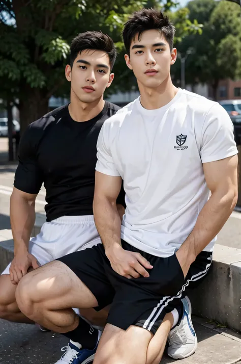 2 young people，handsome，musculous，hairy bodies，athletic sneakers，white  socks，white sports shorts（detailed eyes：1.3），black eyes，...