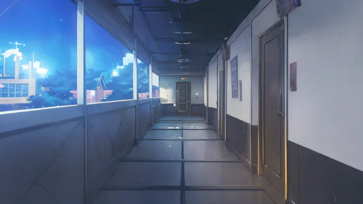 there is a long hallway with a clock on the wall, hallway landscape, anime background art, anime background, anime set style, an...