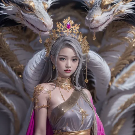 16k(tmasterpiece,k hd,hyper HD,16k)short detailed hair,Gold jewelry area in the back room,King Girl ,Silver Dragon Protector (realisticlying:1.4),Python pattern robe,Purple-pink tiara,Snowflakes fluttering,The background is pure,Hold your head high,Be prou...
