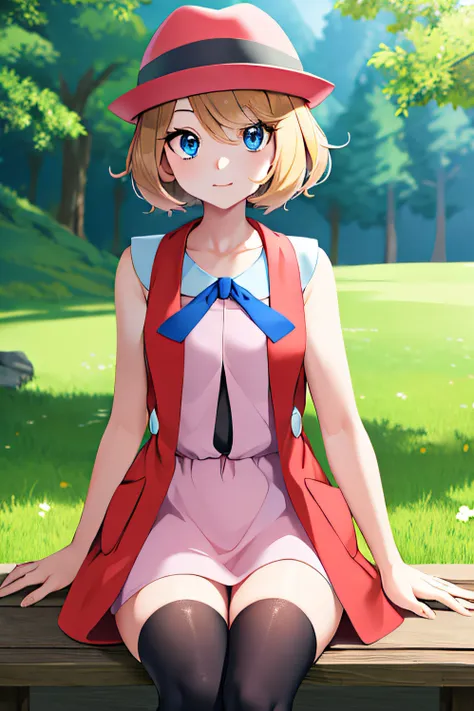 masterpiece, best quality, highres, serena \(pokemon\), short hair, blue eyes, 1girl, solo, blue ribbon, eyelashes, black thighh...