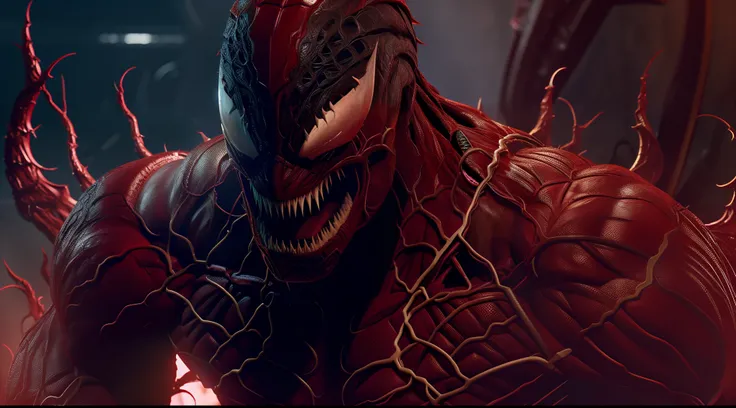 carnage (marvel), standard body, rough black skin, sharp teeth, evil smile, beautiful, cool, intricate details, sci-fi, 8k.