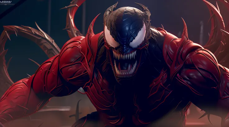 carnage (marvel), standard body, rough black skin, sharp teeth, evil smile, beautiful, cool, intricate details, sci-fi, 8k.