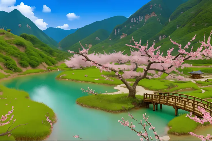 (a masterpiece in 4k quality)、villages、peach blossoms all over the mountains、wood bridges、a small river、thatched hut、wide field ...